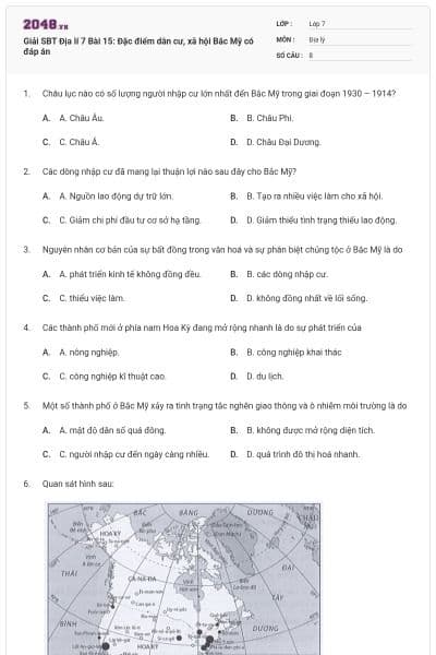 Giải SBT Địa lí 7 Bài 15: Đặc điểm dân cư, xã hội Bắc Mỹ có đáp án