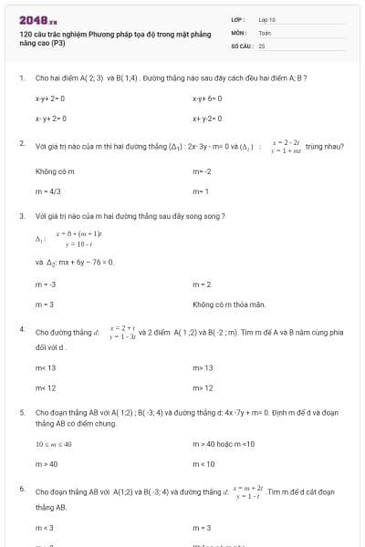 120 câu trắc nghiệm Phương pháp tọa độ trong mặt phẳng nâng cao (P3)