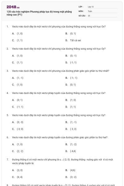 120 câu trắc nghiệm Phương pháp tọa độ trong mặt phẳng nâng cao (P1)