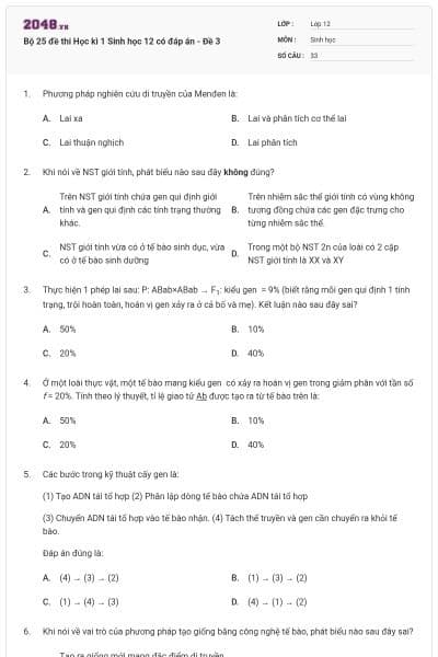 Bộ 25 đề thi Học kì 1 Sinh học 12 có đáp án - Đề 3