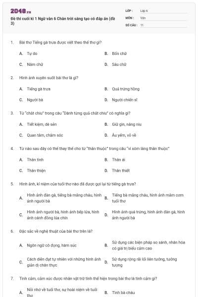 Đề thi cuối kì 1 Ngữ văn 6 Chân trời sáng tạo có đáp án (đề 3)