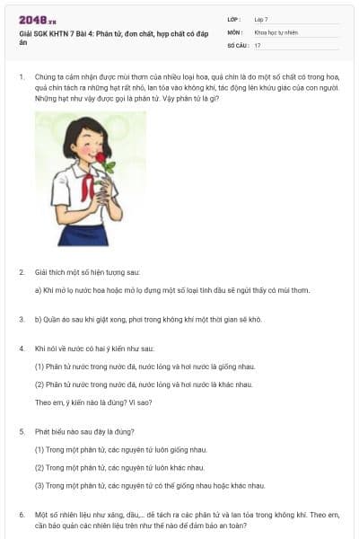 Giải SGK KHTN 7 Bài 4: Phân tử, đơn chất, hợp chất có đáp án