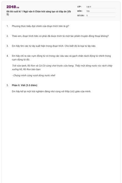 Đề thi cuối kì 1 Ngữ văn 6 Chân trời sáng tạo có đáp án (đề 5)