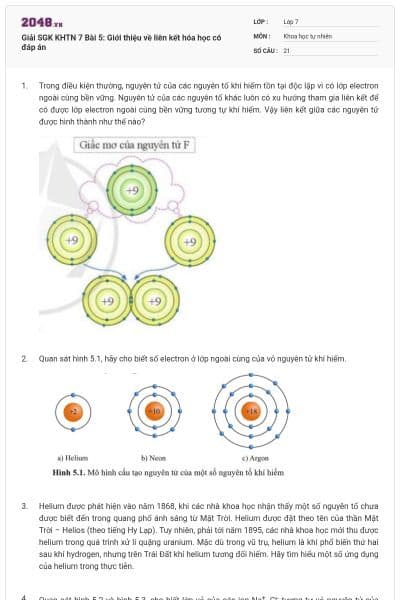 Giải SGK KHTN 7 Bài 5: Giới thiệu về liên kết hóa học có đáp án