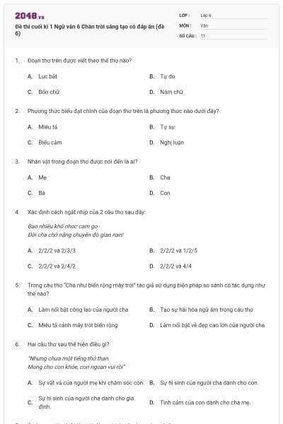 Đề thi cuối kì 1 Ngữ văn 6 Chân trời sáng tạo có đáp án (đề 6)