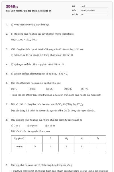 Giải SGK KHTN 7  Bài tập chủ đề 3 có đáp án