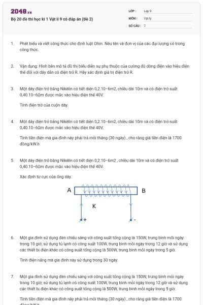 Bộ 20 đề thi học kì 1 Vật lí 9 có đáp án (Đề 2)