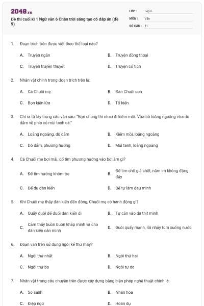Đề thi cuối kì 1 Ngữ văn 6 Chân trời sáng tạo có đáp án (đề 9)