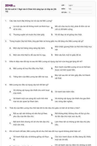 Đề thi cuối kì 1 Ngữ văn 6 Chân trời sáng tạo có đáp án (đề 10)