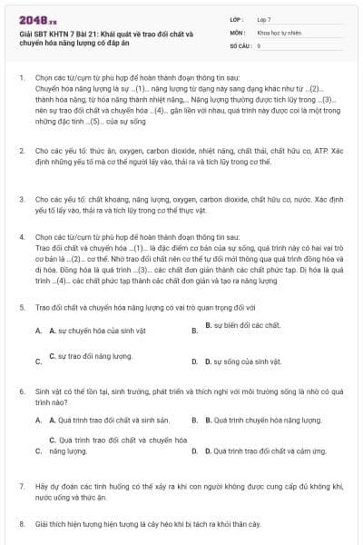 Giải SBT  KHTN 7 Bài 21: Khái quát về trao đổi chất và chuyển hóa năng lượng có đáp án