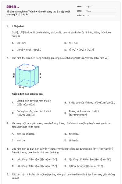 15 câu trắc nghiệm Toán 9 Chân trời sáng tạo Bài tập cuối chương X có đáp án
