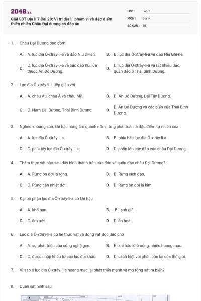 Giải SBT Địa lí 7 Bài 20: Vị trí địa lí, phạm vi và đặc điểm thiên nhiên Châu Đại dương có đáp án