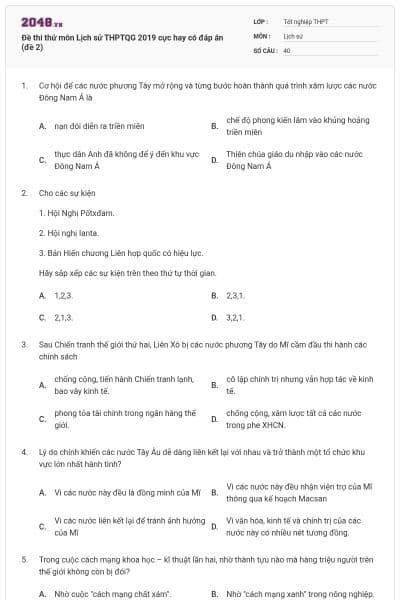 Đề thi thử môn Lịch sử THPTQG 2019 cực hay có đáp án (đề 2)
