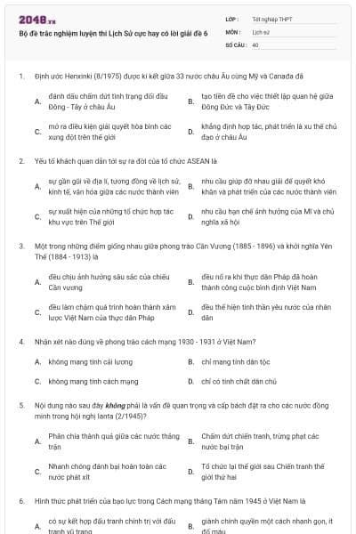 Bộ đề trắc nghiệm luyện thi Lịch Sử cực hay có lời giải đề 6