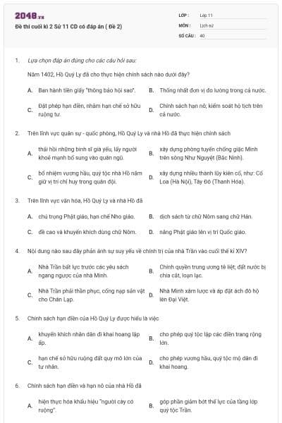 Đề thi cuối kì 2 Sử 11 CD có đáp án ( Đề 2)