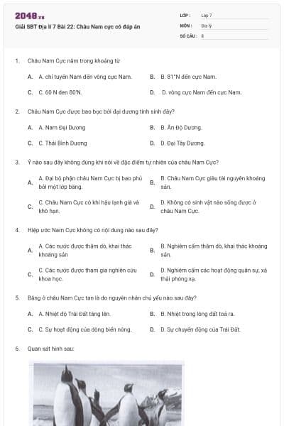 Giải SBT Địa lí 7 Bài 22: Châu Nam cực có đáp án