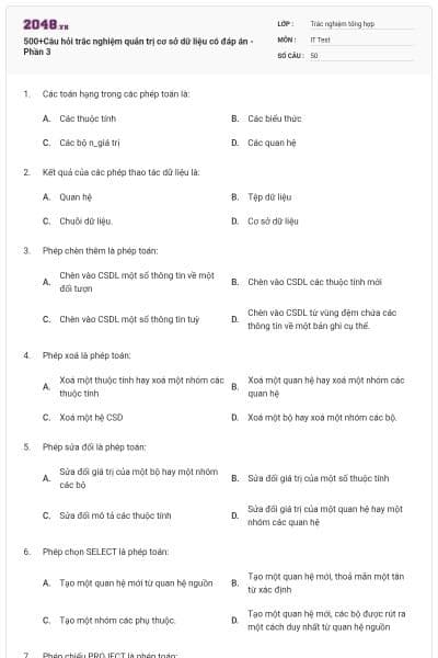 500+Câu hỏi trắc nghiệm quản trị cơ sở dữ liệu có đáp án - Phần 3