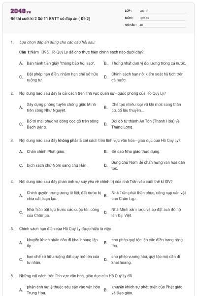 Đề thi cuối kì 2 Sử 11 KNTT có đáp án ( Đề 2)