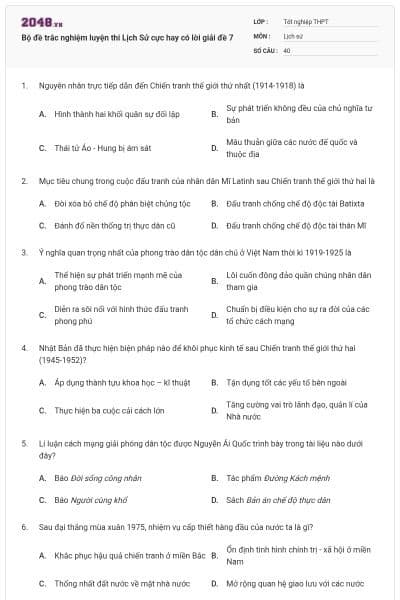 Bộ đề trắc nghiệm luyện thi Lịch Sử cực hay có lời giải đề 7