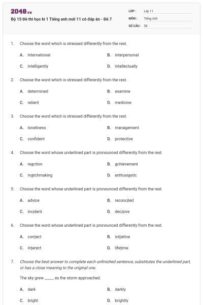 Bộ 15 Đề thi học kì 1 Tiếng anh mới 11 có đáp án - Đề 7