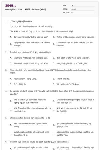Đề thi giữa kì 2 Sử 11 KNTT có đáp án ( Đề 1)