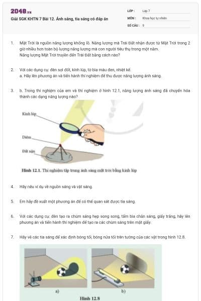 Giải SGK KHTN 7 Bài 12. Ánh sáng, tia sáng có đáp án