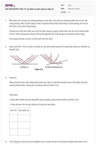 Giải SGK KHTN 7 Bài 13. Sự phản xạ ánh sáng có đáp án