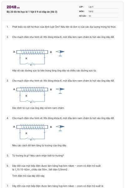 Bộ 20 đề thi học kì 1 Vật lí 9 có đáp án (Đề 3)