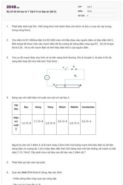 Bộ 20 đề thi học kì 1 Vật lí 9 có đáp án (Đề 6)