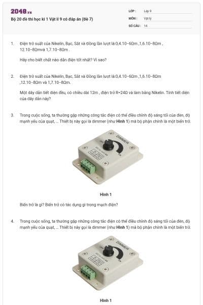 Bộ 20 đề thi học kì 1 Vật lí 9 có đáp án (Đề 7)