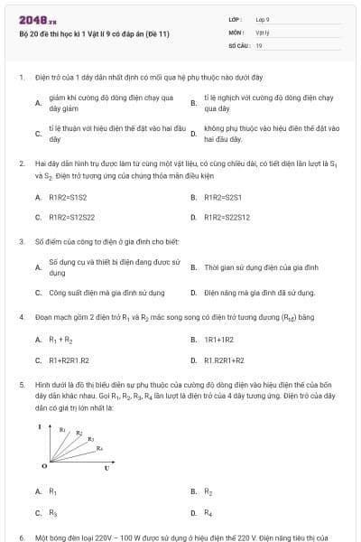 Bộ 20 đề thi học kì 1 Vật lí 9 có đáp án (Đề 11)