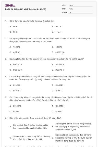 Bộ 20 đề thi học kì 1 Vật lí 9 có đáp án (Đề 12)