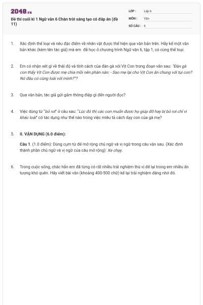 Đề thi cuối kì 1 Ngữ văn 6 Chân trời sáng tạo có đáp án (đề 11)