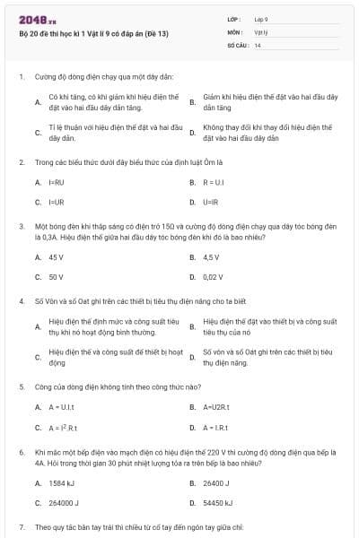 Bộ 20 đề thi học kì 1 Vật lí 9 có đáp án (Đề 13)