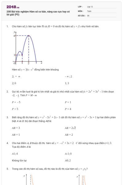 208 Bài trắc nghiệm Hàm số cơ bản, nâng cao cực hay có lời giải (P5)