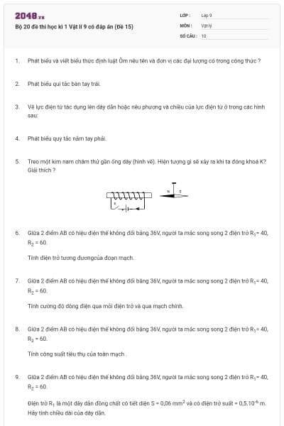 Bộ 20 đề thi học kì 1 Vật lí 9 có đáp án (Đề 15)
