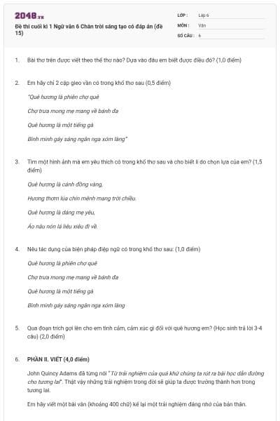 Đề thi cuối kì 1 Ngữ văn 6 Chân trời sáng tạo có đáp án (đề 15)