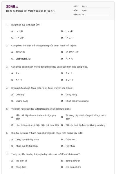 Bộ 20 đề thi học kì 1 Vật lí 9 có đáp án (Đề 17)