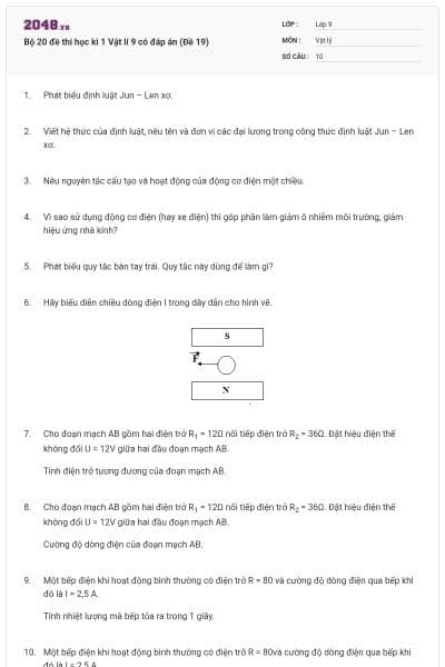 Bộ 20 đề thi học kì 1 Vật lí 9 có đáp án (Đề 19)