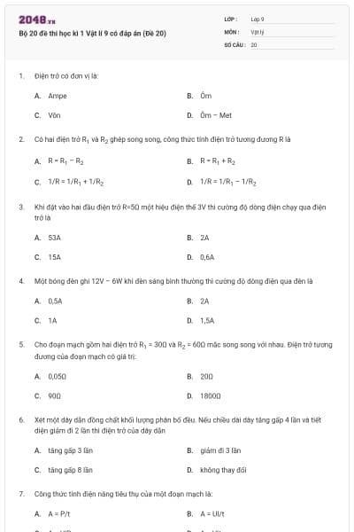 Bộ 20 đề thi học kì 1 Vật lí 9 có đáp án (Đề 20)