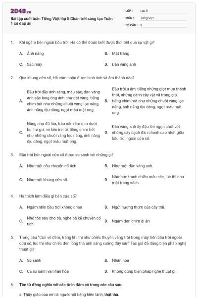 Bài tập cuối tuần Tiếng Việt lớp 5 Chân trời sáng tạo Tuần 1 có đáp án