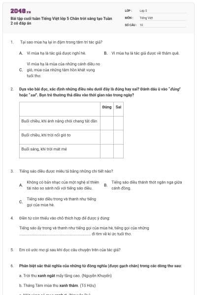 Bài tập cuối tuần Tiếng Việt lớp 5 Chân trời sáng tạo Tuần 2 có đáp án