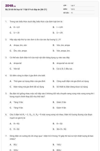 Bộ 20 đề thi học kì 1 Vật lí 9 có đáp án (Đề 21)
