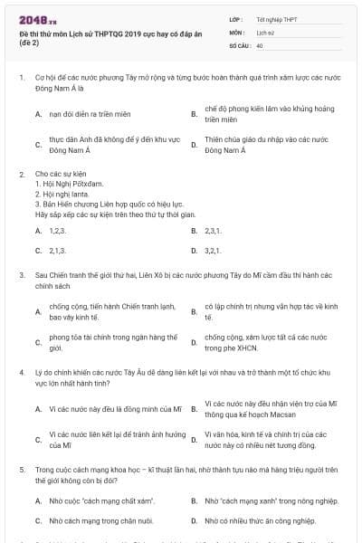 Đề thi thử môn Lịch sử THPTQG 2019 cực hay có đáp án (đề 2)