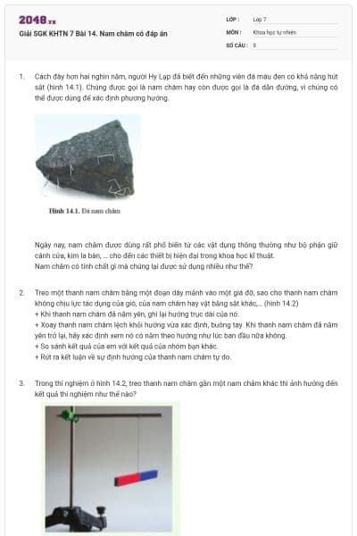 Giải SGK KHTN 7 Bài 14. Nam châm có đáp án