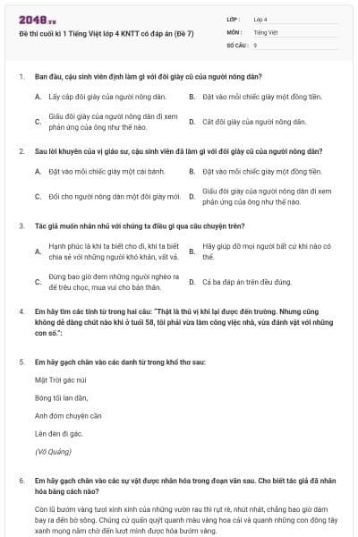 Đề thi cuối kì 1 Tiếng Việt lớp 4 KNTT có đáp án (Đề 7)