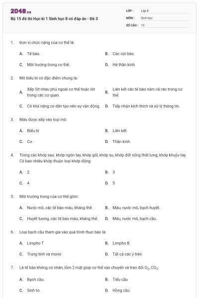 Bộ 15 đề thi Học kì 1 Sinh học 8 có đáp án - Đề 3