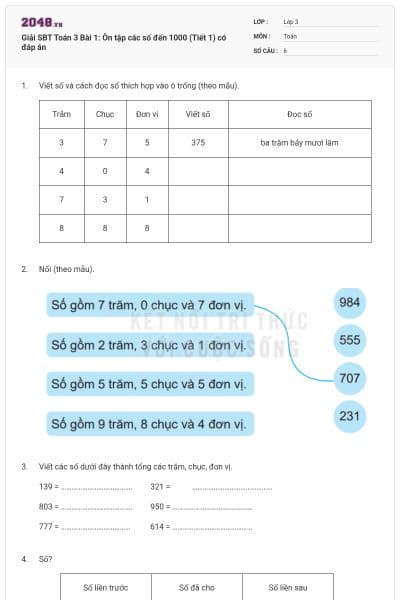 Giải SBT Toán 3 Bài 1: Ôn tập các số đến 1000 (Tiết 1) có đáp án