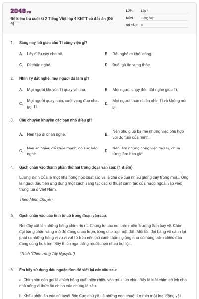 Đề kiểm tra cuối kì 2 Tiếng Việt lớp 4 KNTT có đáp án (Đề 4)