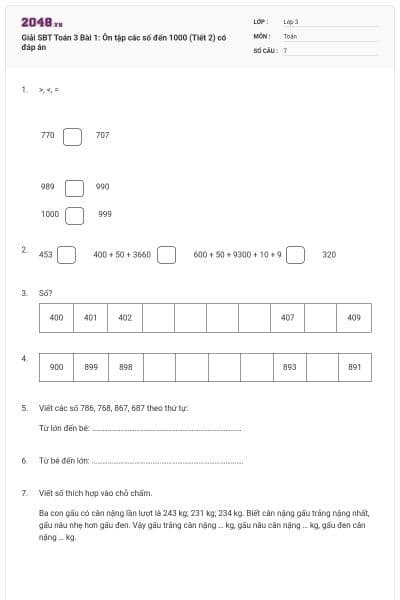 Giải SBT Toán 3 Bài 1: Ôn tập các số đến 1000 (Tiết 2) có đáp án